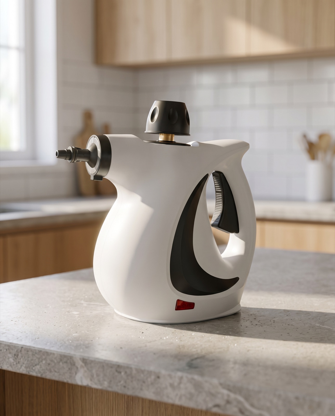 CLEARDWELL handheld steam cleaner on a stone kitchen counter