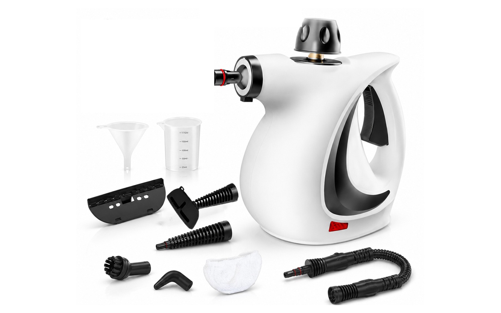 The handheld cleaner with the nine included pieces