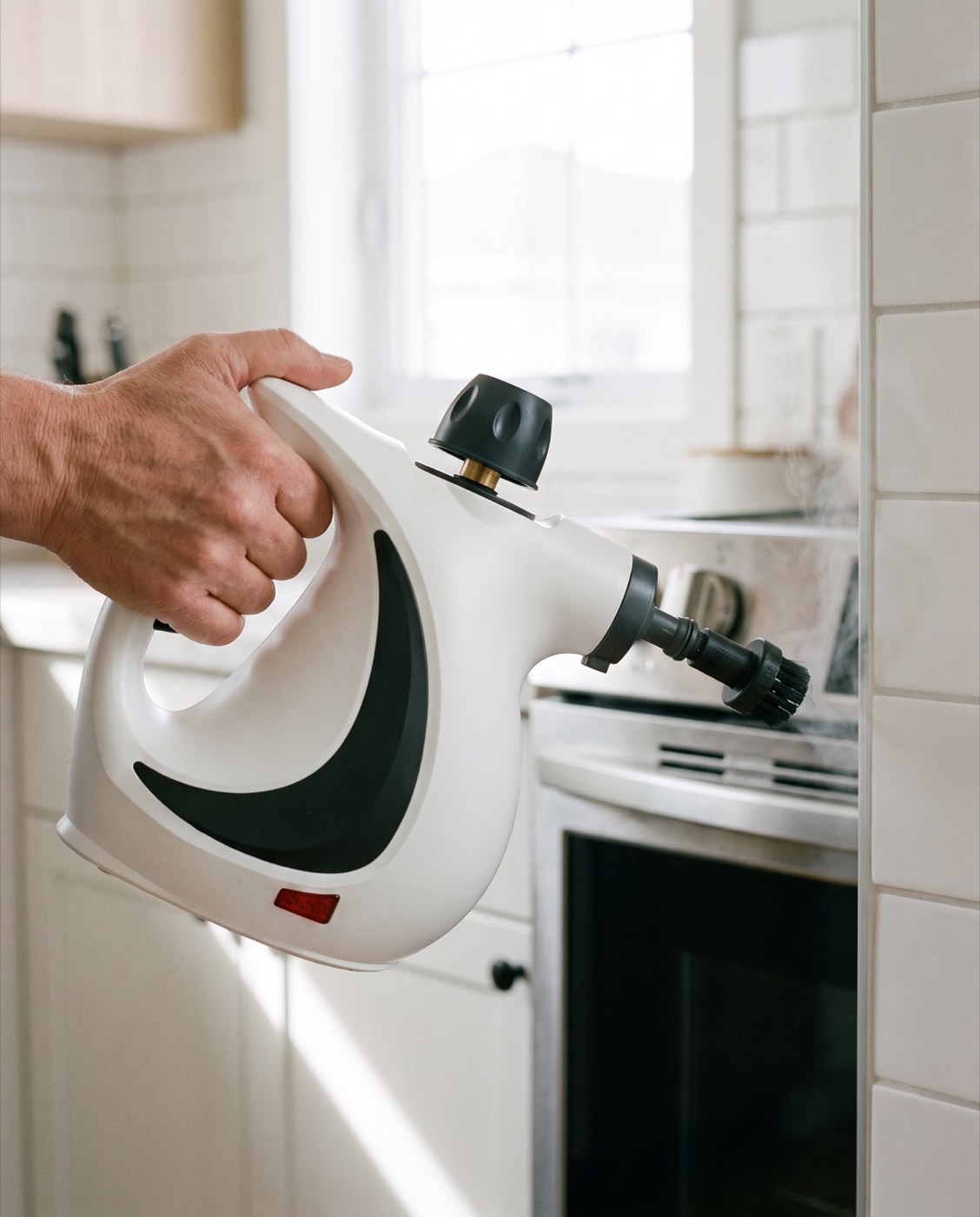 Hand using CLEARDWELL with the round brush at a kitchen backsplash edge
